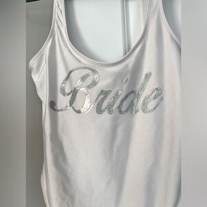 White Bride Bathing Suit with silver letters